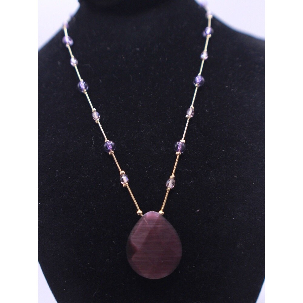 Lia Sophia Grappa Dark Purple Glass Cats Eye & Crystals Gold Tone Necklace